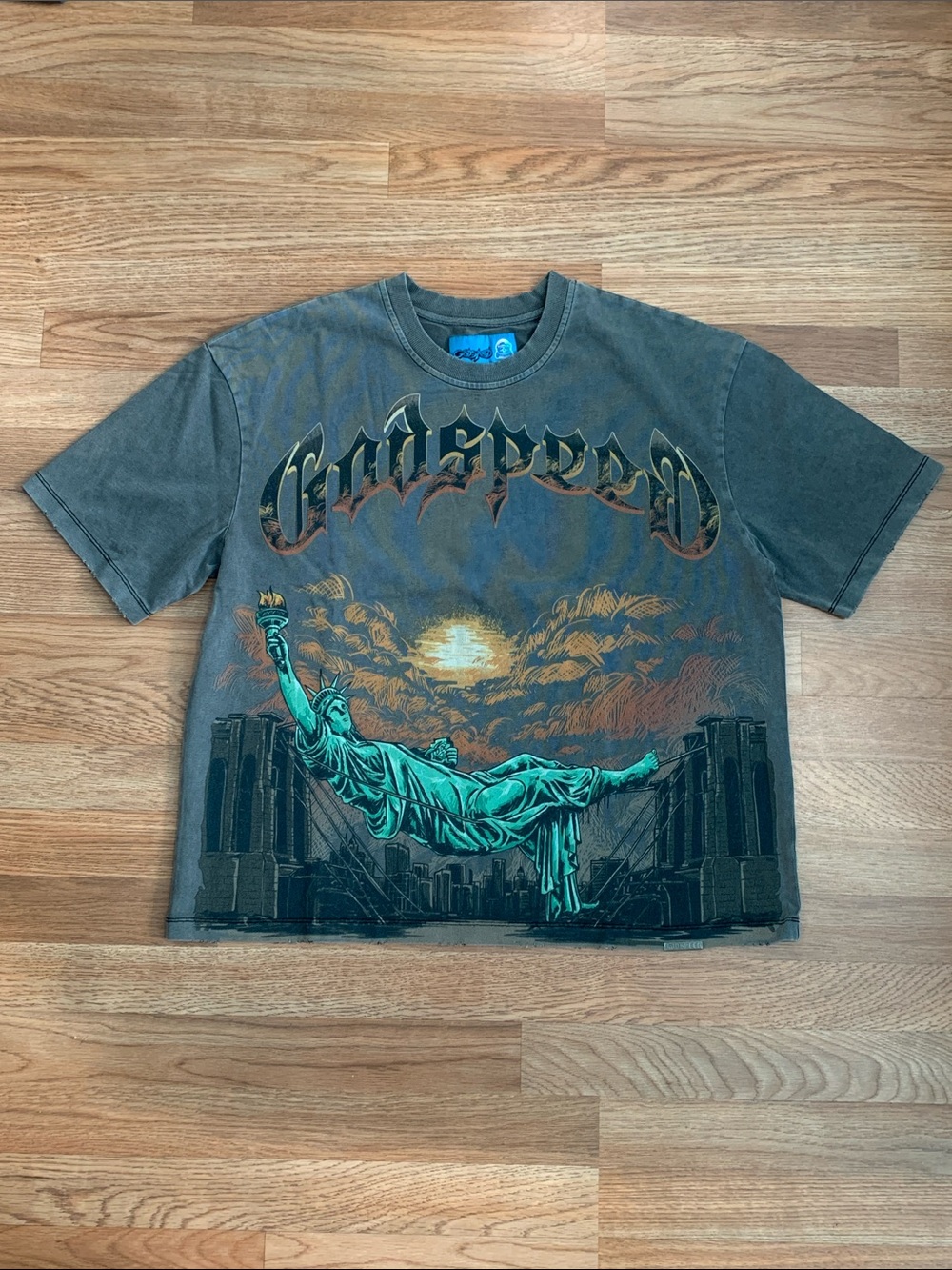 Godspeed Graphic Tee with Statue of Liberty Print - Charcoal Green